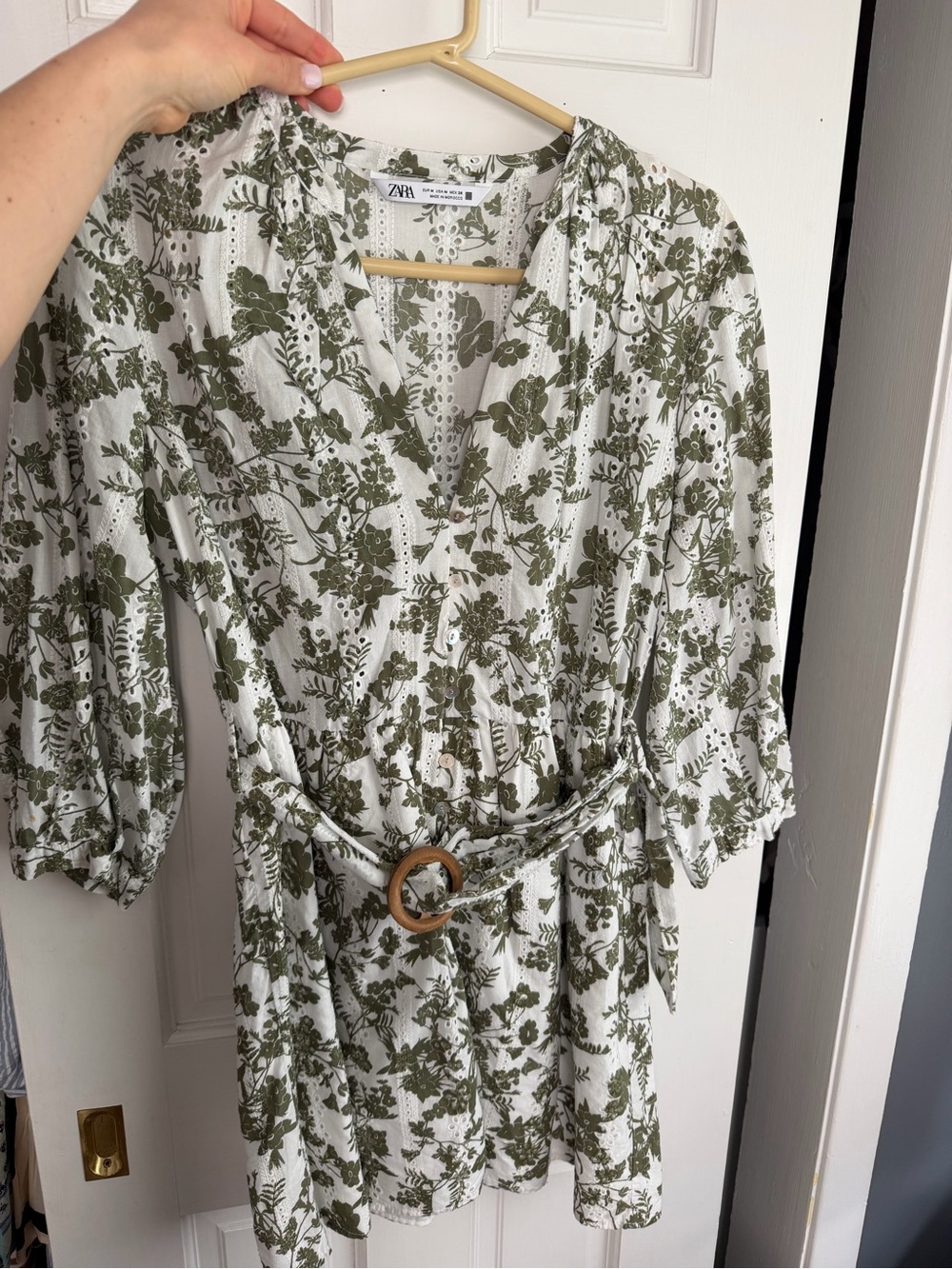 ZARA White Mini Dress with Olive Green Floral Print and Belt